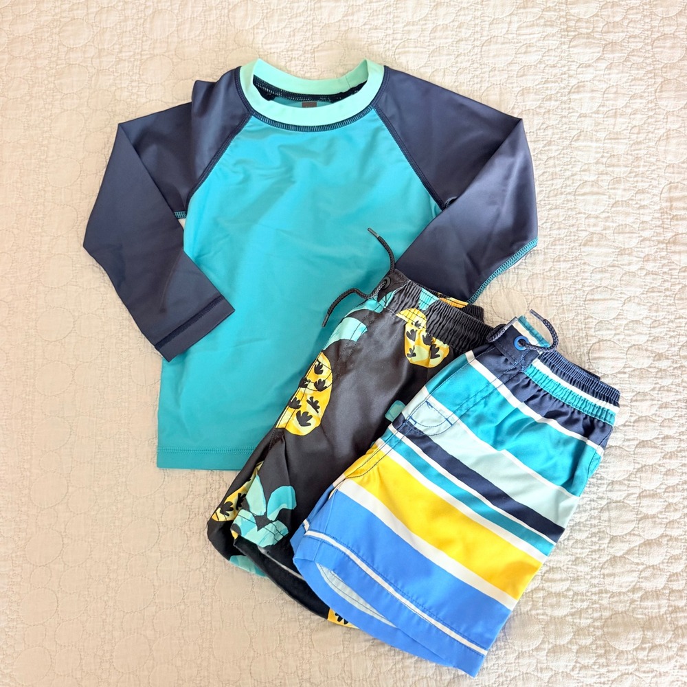 Tea Collection Boys 18-24M Swim Set Rash Guard 2 Swim Trunks Pineapple Stripe